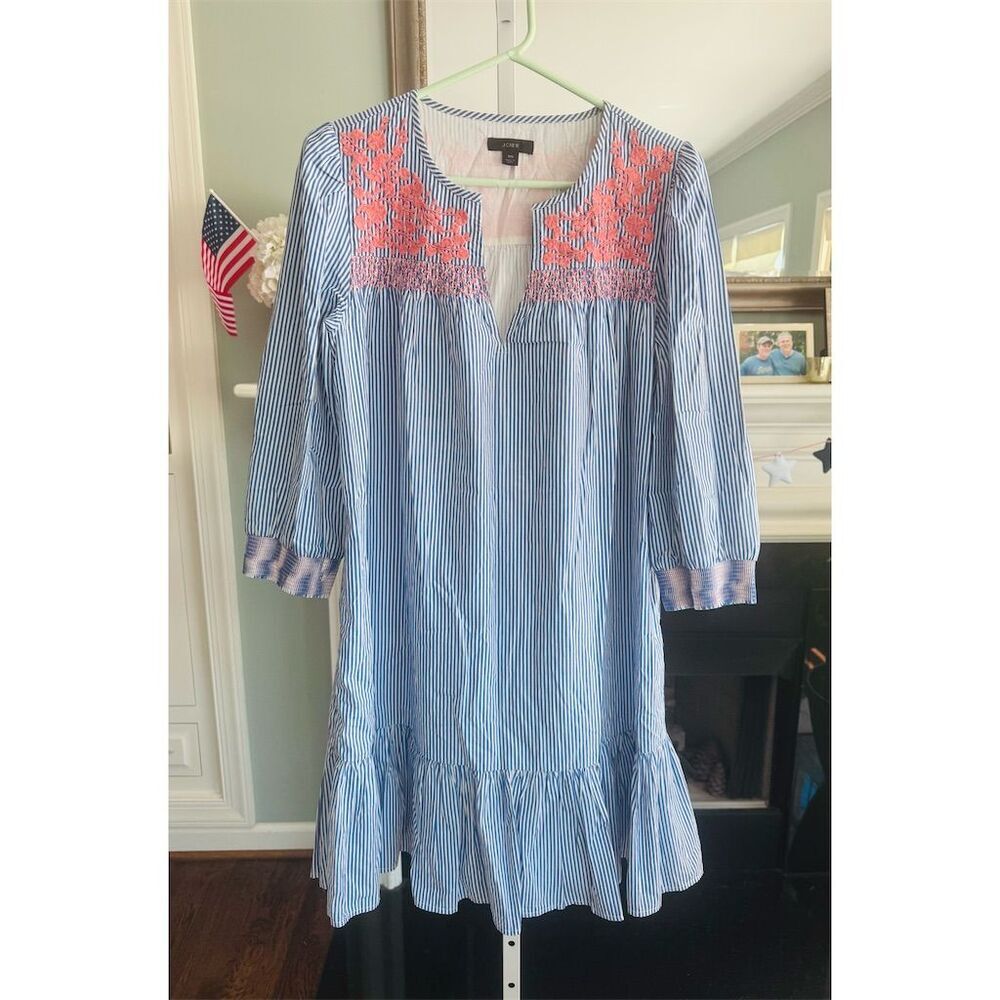 J. Crew Women's XS Leda Stripe Floral Embroidered Popover Dress‎ Multicolor